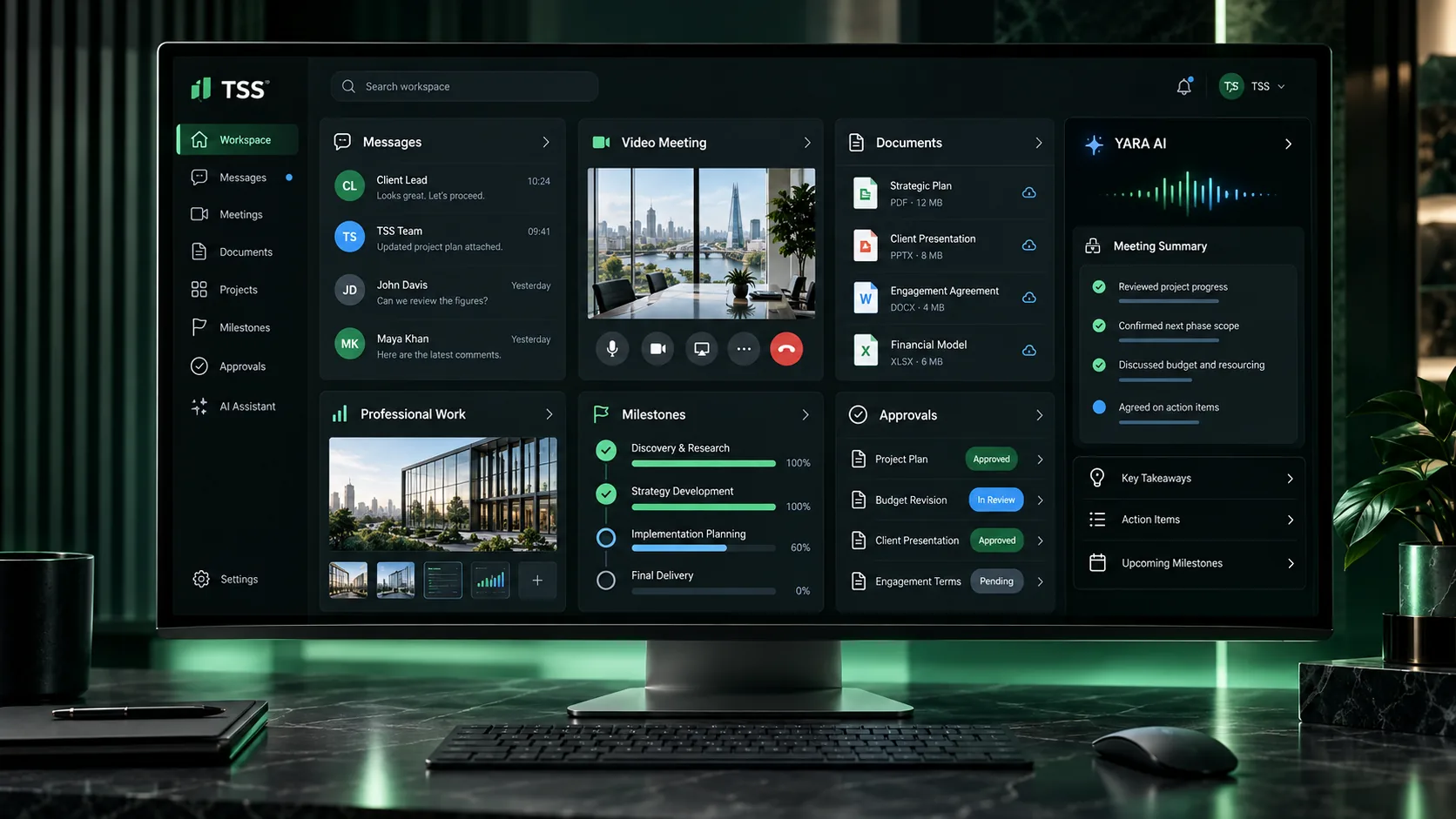 TSS CMS and Engagement Workspace showing messages, meetings, documents, milestones, approvals and YARA AI summaries