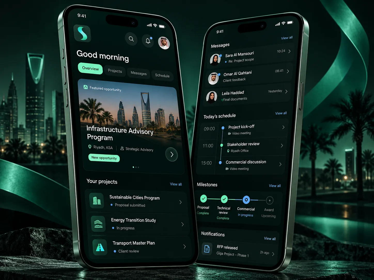 TSS mobile application showing professional opportunities, messages, meetings, milestones and notifications